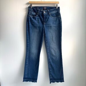 NYDJ Marilyn Straight Leg Blue Denim Jeans Scallop Raw Hems Size 2